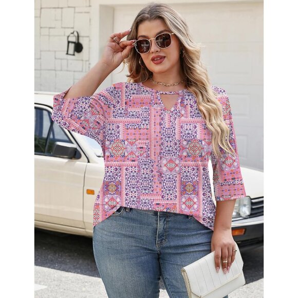 Plus Size Women's Blouses 3/4 Sleeve Crewneck Casual Shirts Easy to Match - Picture 4 of 5